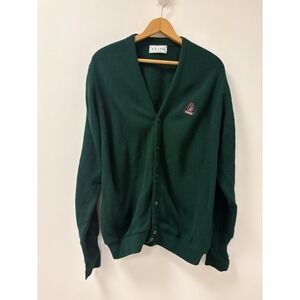 VTG Izod Cardigan Mens Sz L Green w/Crest Preppy Button Made in USA Acrylic